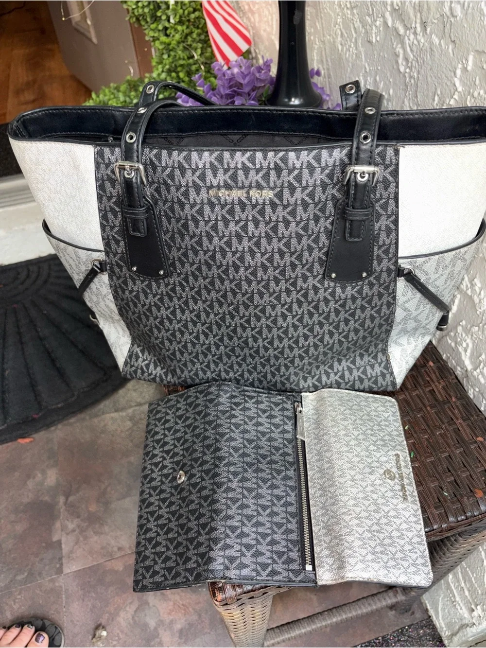 Michael Kors Black and metallic silver MK Logo Tote with matching wallet set